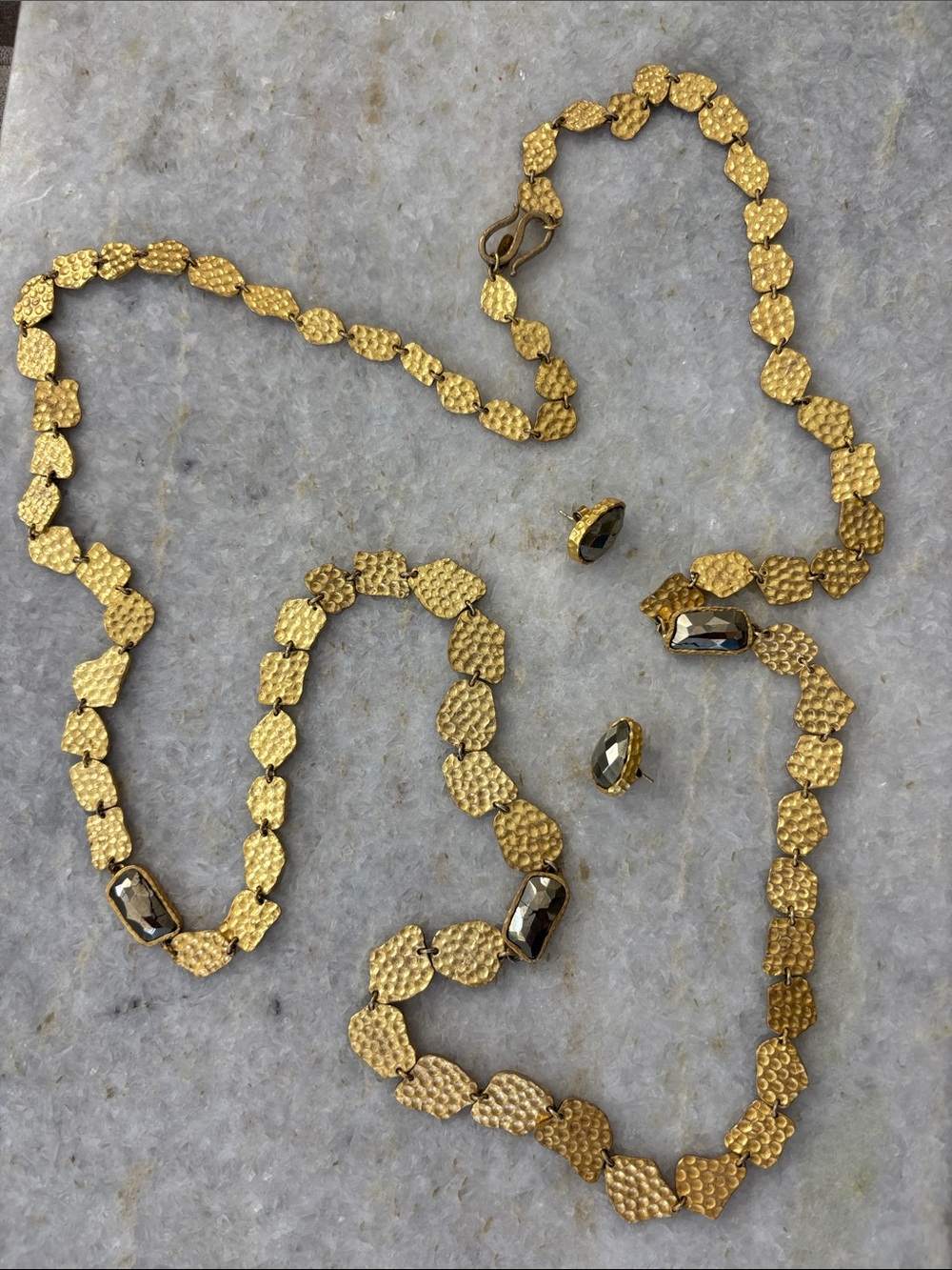 Hammered Gold-Tone Necklace and Earrings with Smoky Stones.